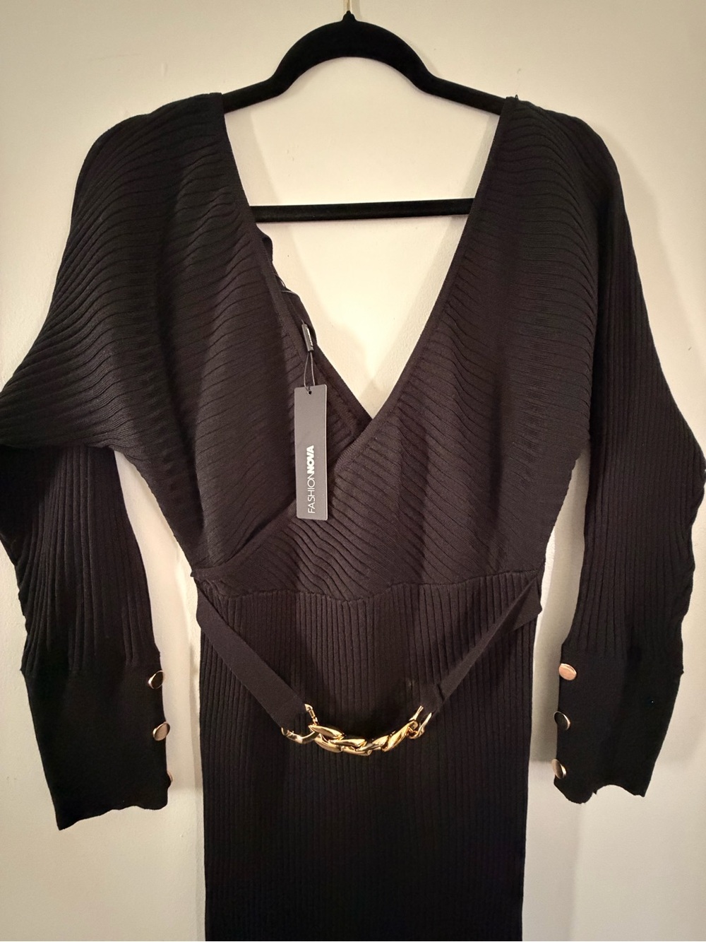 Fashion Nova Black Ribbed V-Neck Midi Dress with Gold Chain Accent